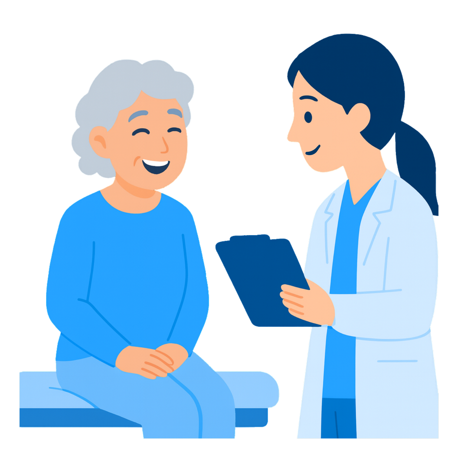 An elderly woman is laughing contently to herself while she gets a checkup from a young happy female doctor.