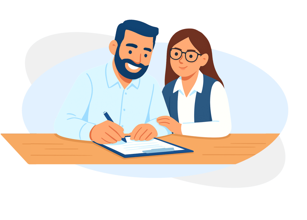 A happy couples sitting together at a desk, signing up for membership with Evolve.