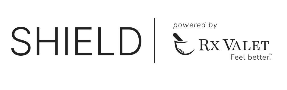 A logo of two companies called "Shield" and "R X Valet"