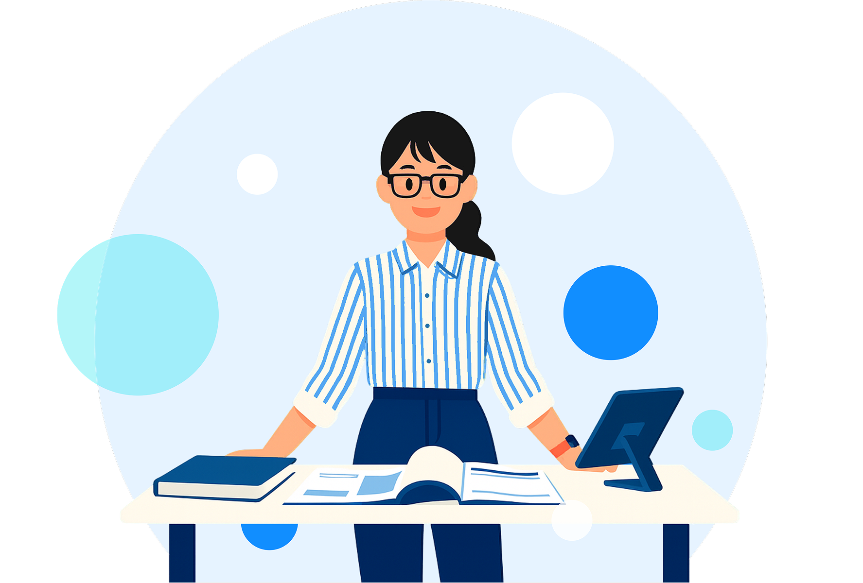 A freelancer woman standing at her desk with papers and a computer -- looking confident and happy.